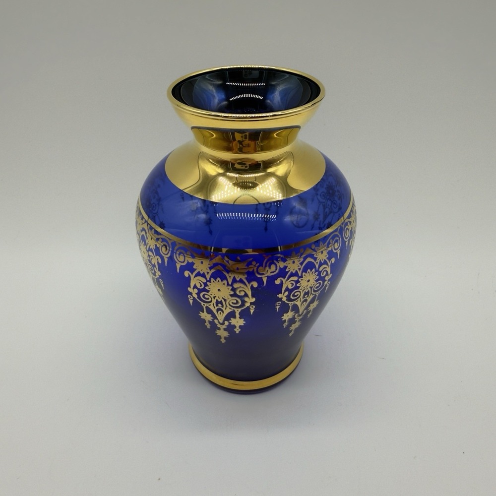 Vecchia Murano Vase Cobalt Blue Gold 24K Trim Glass Collectible Vintage Mini